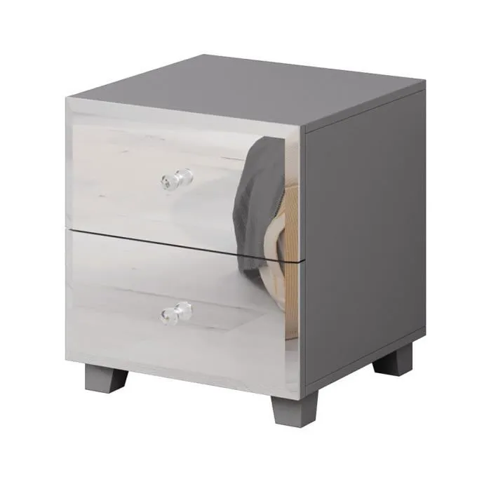 Table de chevet LIVORA 2 tiroirs Gris et miroirs Design moderne