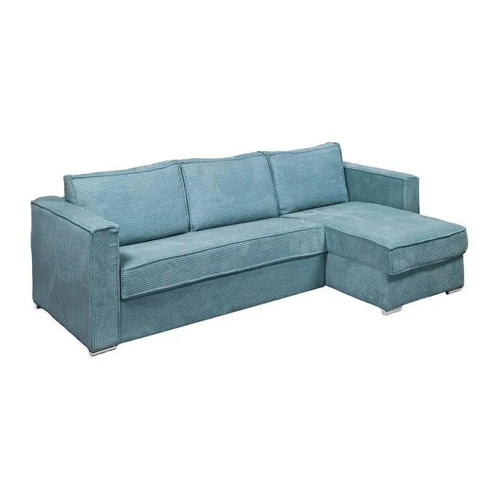 Canapé d'angle convertible express et réversible en velours côtelé bleu turquoise - Couchage 160 cm - Matelas 14 cm LORETO