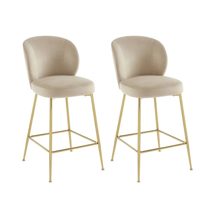 Lot de 2 tabourets de bar en velours et métal doré - Beige - POLPONA