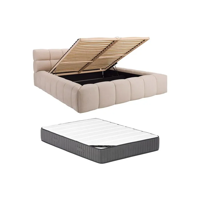 Lit coffre 200 x 200 cm - Tissu - Beige + Matelas - FORVIK