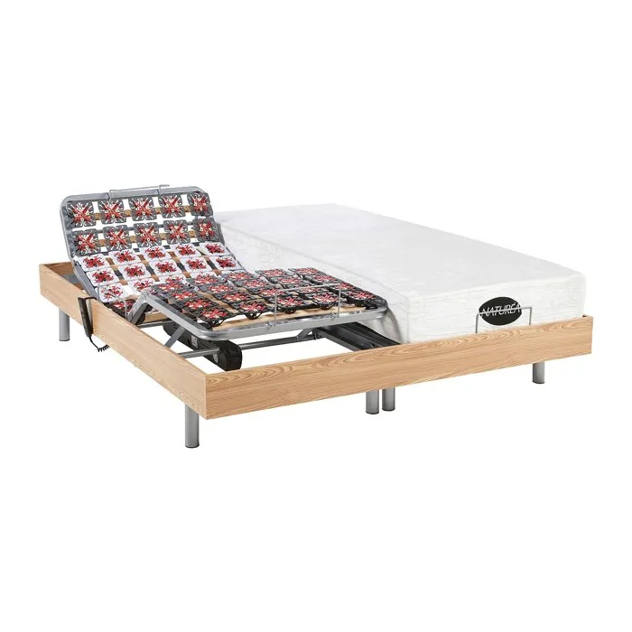 Lit électrique de relaxation tout plots + matelas mémoire de forme et bambou - 2 x 70 x 190 cm - Chêne - LYSIS III de NATUREA