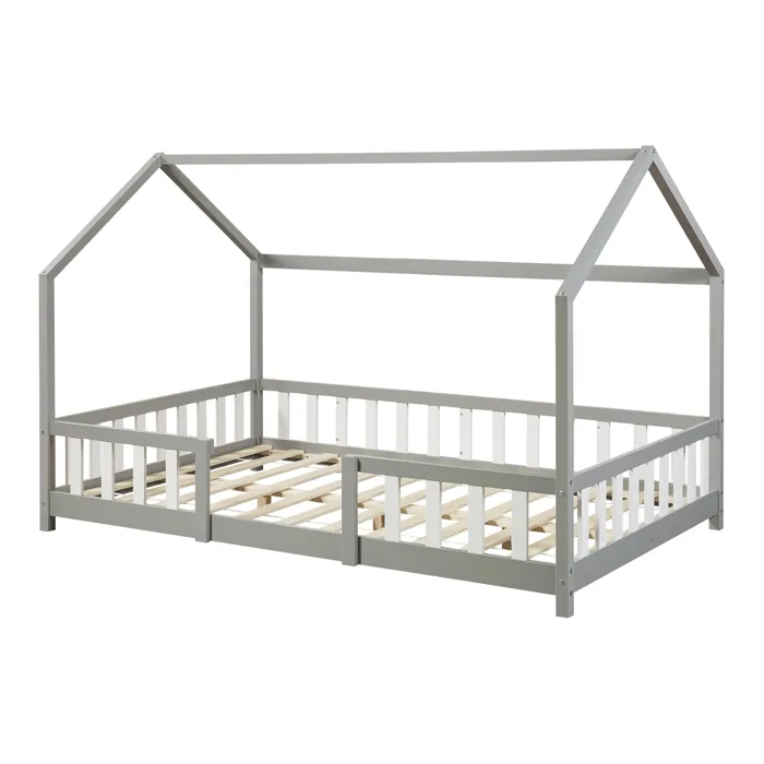 Lit cabane Sisimiut pin 140 x 200 cm gris clair / blanc en.casa