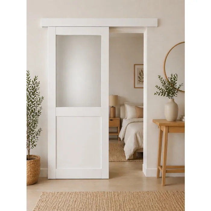 Porte Coulissante Athena Blanc H204 X L73 Cm, Rail Alu Bandeau Blanc Gd Menuiseries