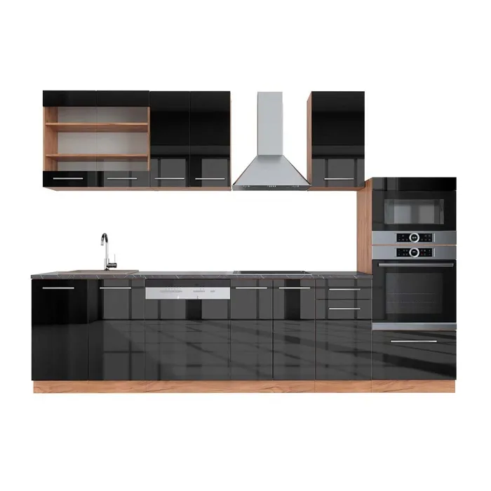 Vicco Cuisine Anthracite brillant/Chêne doré 300cm avec armoire haute, PT Anthracite