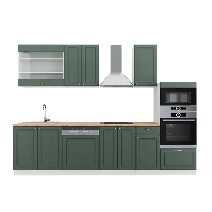 Vicco Cuisine Vert-Or Landhaus/Blanc 300cm avec armoire haute, PT Chêne