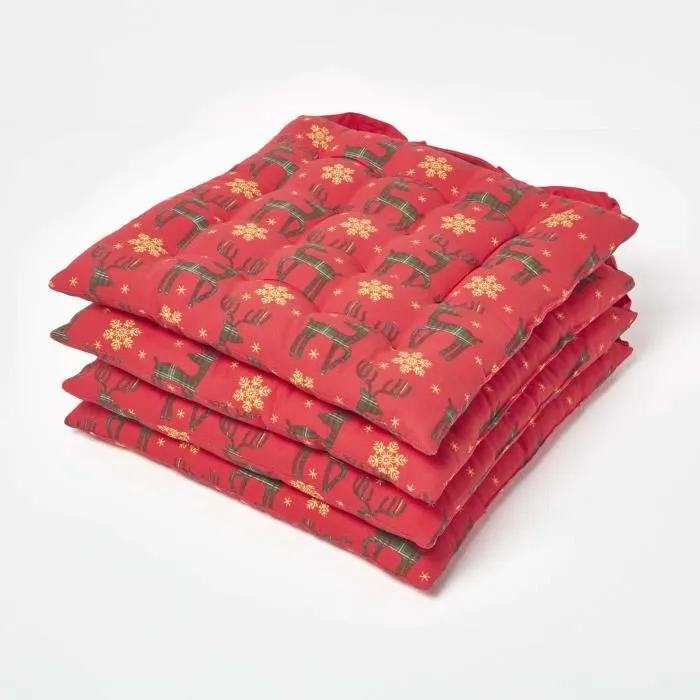 Lot De 4 Galettes De Chaise Noël Rennes Rouge En Coton - Homescapes