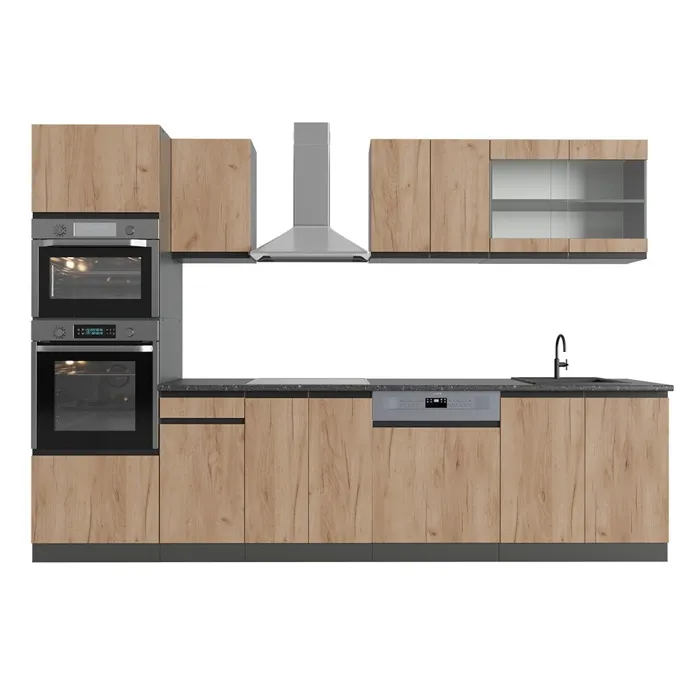 Vicco Cuisine Chêne doré/anthracite 300cm avec armoire haute, PT Anthracite