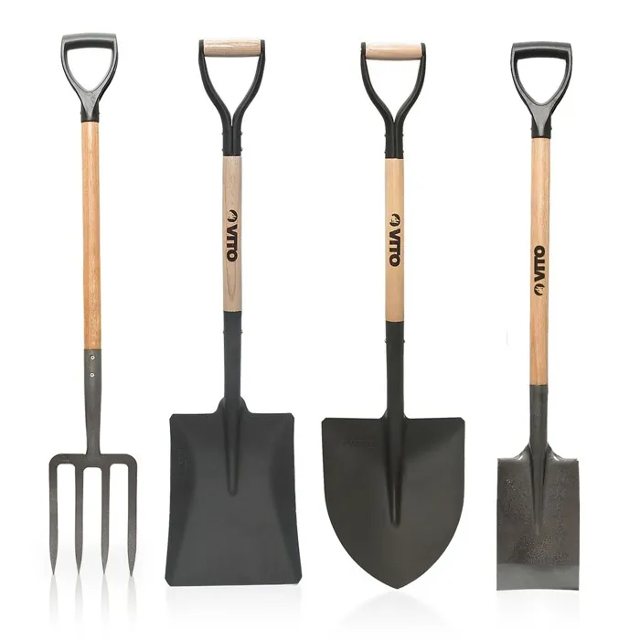 Pack 4 outils de jardin Acier Manche en Bois Fourche + Pelle carrée + Pelle ronde + Bêche VITO