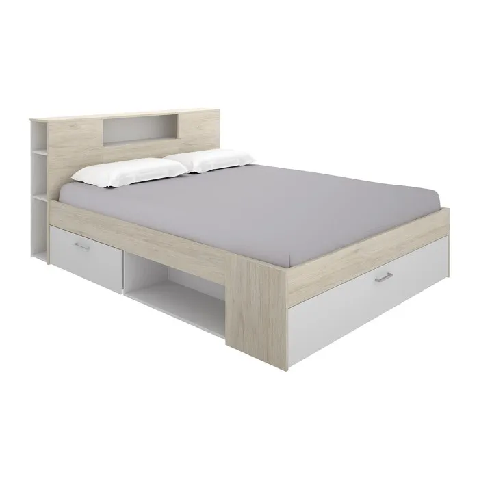 Lit avec tête de lit rangements et tiroir - 180 x 200 cm - Coloris: Naturel et blanc - LEANDRE