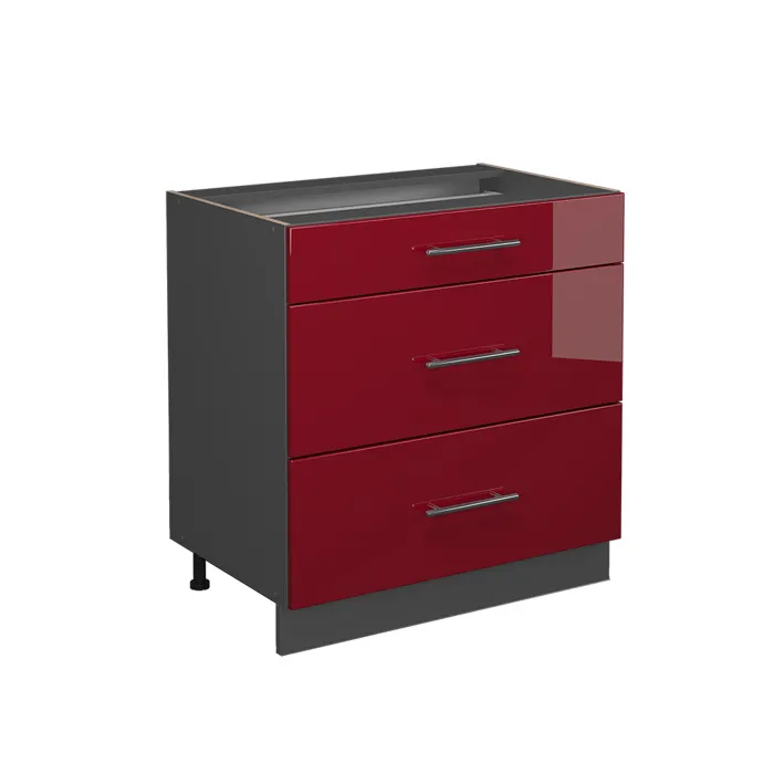 Vicco Meuble cuisine Rouge bordeaux Haute brillance 80cm avec 3 tiroirs, PT Anthracite