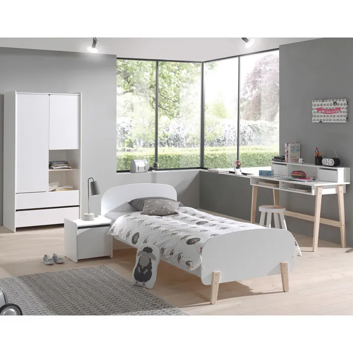 BODHI WHITE - Lit 90x200cm + Chevet + Armoire 2P + Bureau