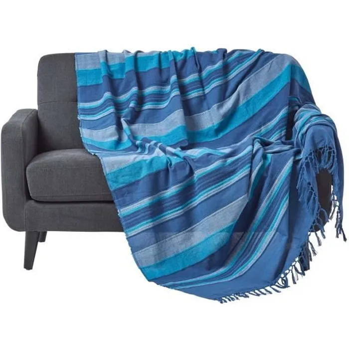 Plaid Morocco Bleu 255x360cm Coton Rayé Homescapes