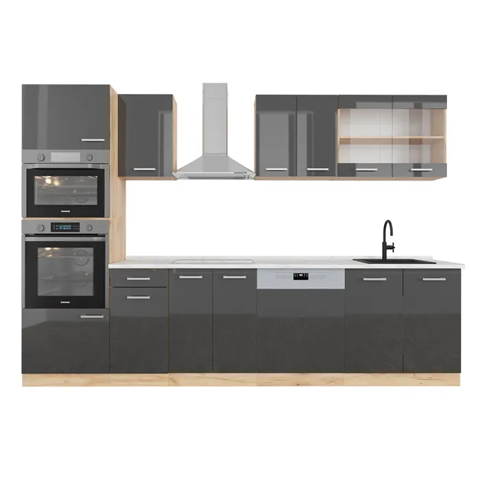 Vicco Cuisine Anthracite brillant/Chêne doré 300cm avec armoire haute, PT Marbre
