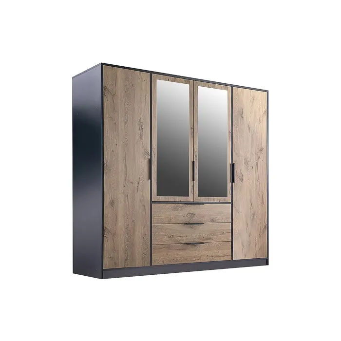 Armoire 4 portes et 3 tiroirs - Avec miroirs - L196 cm - Coloris: Naturel et noir - LAMIKI