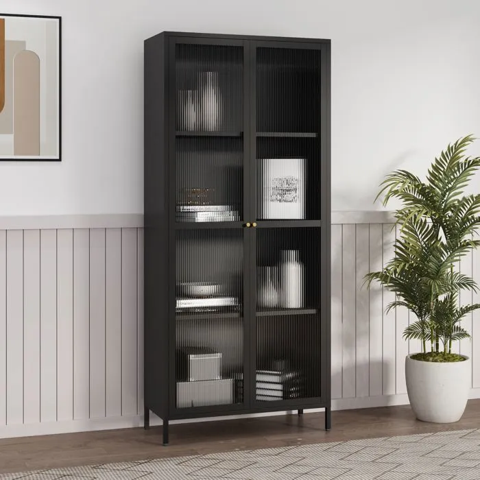 Armoire vitrée Säkylä acier verre 180 x 80 x 35 cm noir en.casa