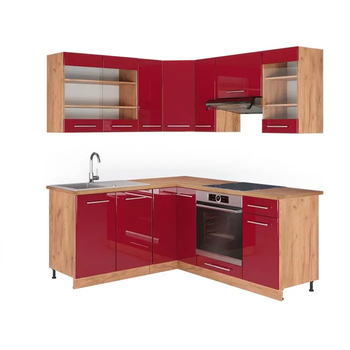 Vicco Cuisine en angle Rouge bordeaux Haute brillance/Chêne de force doré 190 x 160 cm, PT Chêne