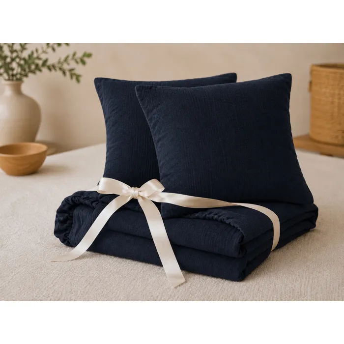Pack Drap Housse 140 X 190 Cm + 2 Taies D'oreiller 60 X 60 Cm Double Gaze De Coton Gaïa Minuit