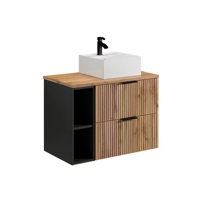 Meuble de salle de bain suspendu strié avec niches et vasque à poser carrée - Naturel clair - L80 cm - MADELA