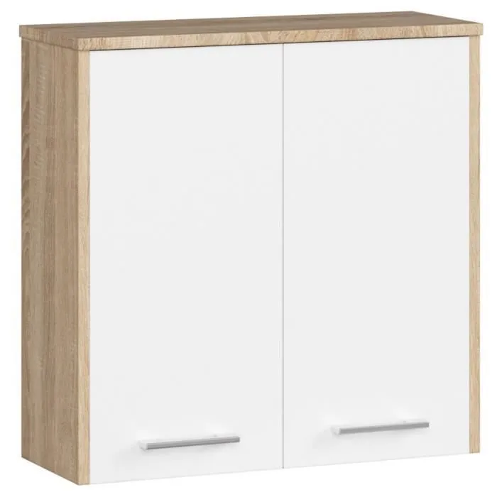 Armoire salle de bains AKORD FIN Meuble Haut Suspendue Chêne Sonoma 60 cm 2 portes façade Blanche 2 étagères 60x22,5x60 cm