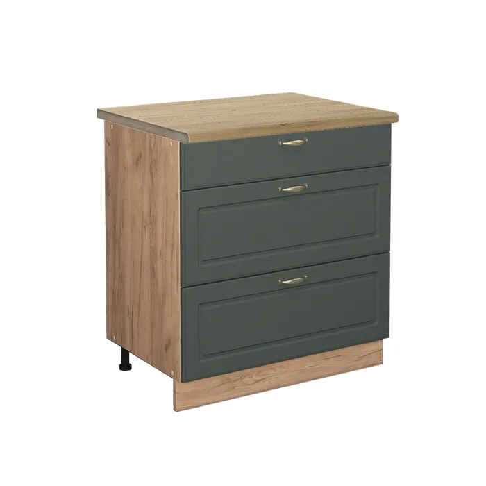 Vicco Meuble cuisine Vert Or Campagne/Chêne doré 80cm avec 3 tiroirs plan de travail Chêne doré