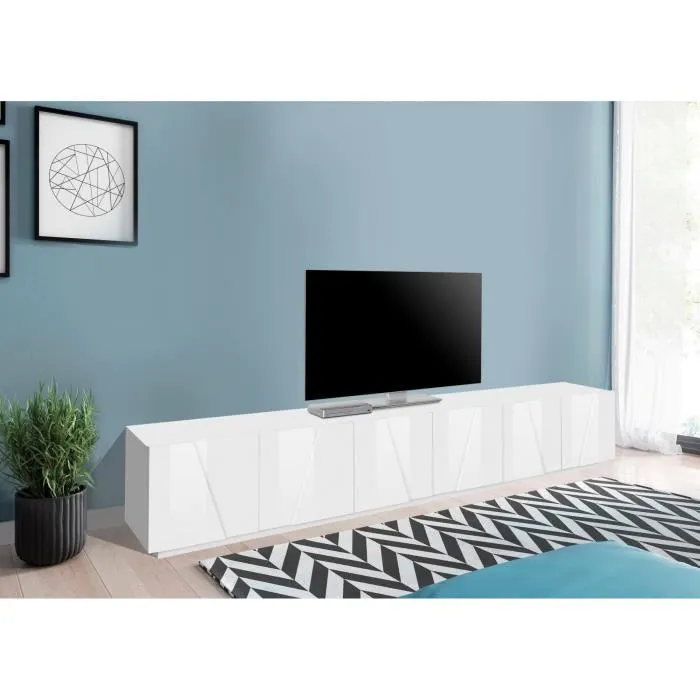 Meuble Tv Effet Bois Blanc Brillant 244x44 Cm