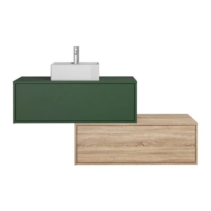 Meuble De Salle De Bain Suspendu Vert Et Naturel Clair Avec Simple Vasque Carrée Et Deux Tiroirs - 94 Cm - Teana Ii
