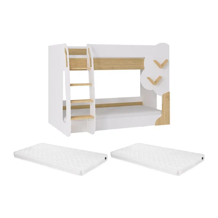 Lits superposés 2 x 90 x 190 cm - Blanc et Naturel + Matelas - PILATI