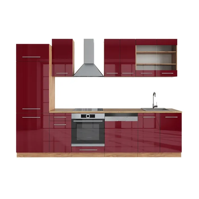 Vicco Cuisine Bordeaux brillant/Chêne doré 300cm, PT Chêne