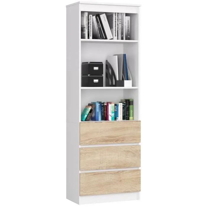 Bibliothèque De Bureau Akord R60 Blanche 60 Cm 3 Tiroirs Façade Chêne Sonoma 3 Étagères 60x35x180 Cm