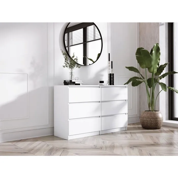 Commode 6 Tiroirs, Blanc Mat, 120 X 39 X 79 Cm