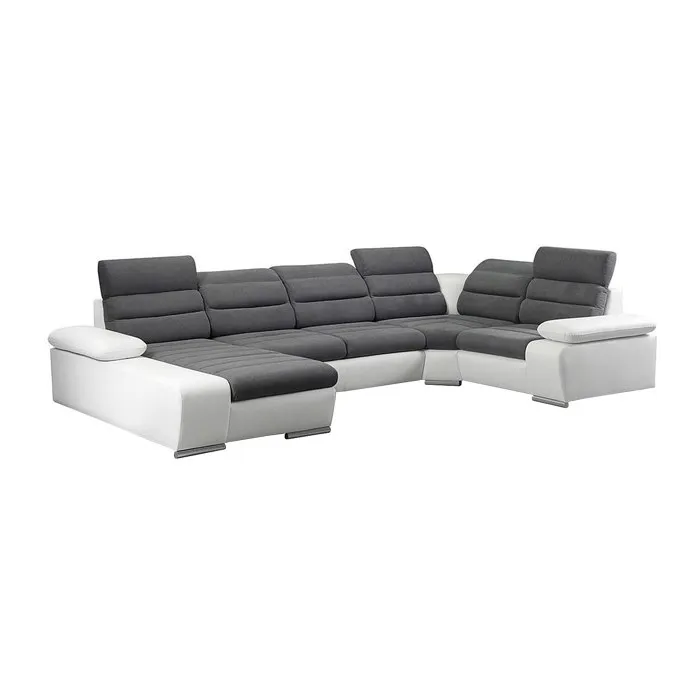 Canapé d'angle panoramique convertible en tissu et simili BOILEAU - Bicolore Gris/Blanc - Angle gauche