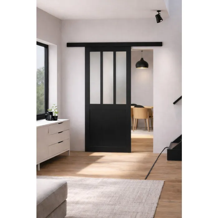 Porte Coulissante Atelier Noir Vitre Depoli H204 X L83 Cm, Rail Alu Bandeau Noir Gd Menuiseries