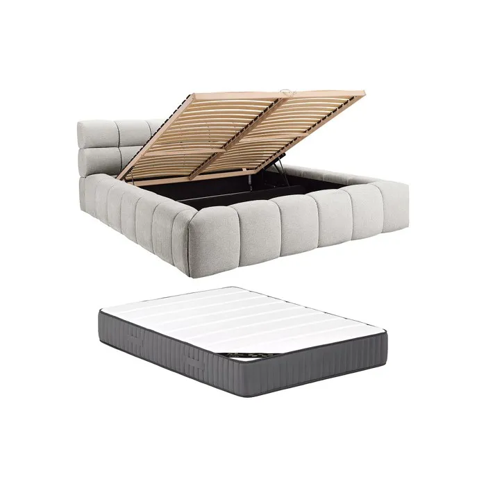 Lit coffre 160 x 200 cm - Tissu - Gris clair + Matelas - FORVIK