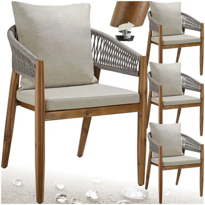 Lot 4 chaises jardin bois d'acacia massif résistant intempéries rope design grège 59x58x76,5cm