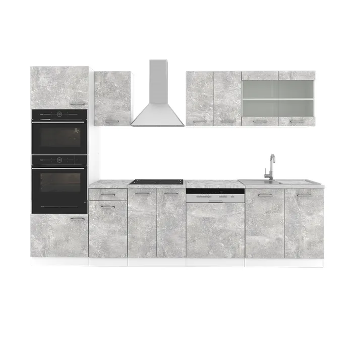 Vicco Cuisine Béton 300cm avec armoire haute, PT Marbre