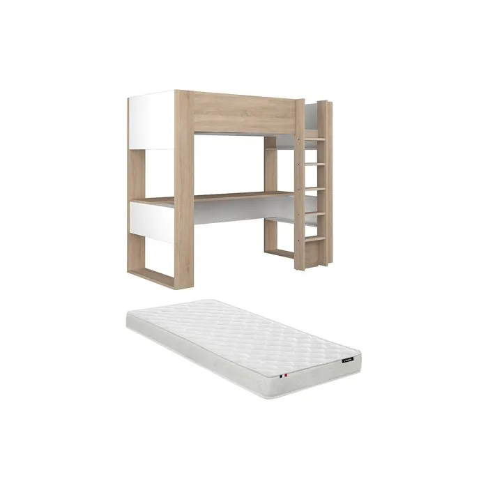 Lit mezzanine avec bureau et rangements intégrés - 90 x 200 cm - Chêne et blanc + matelas - NOAH II