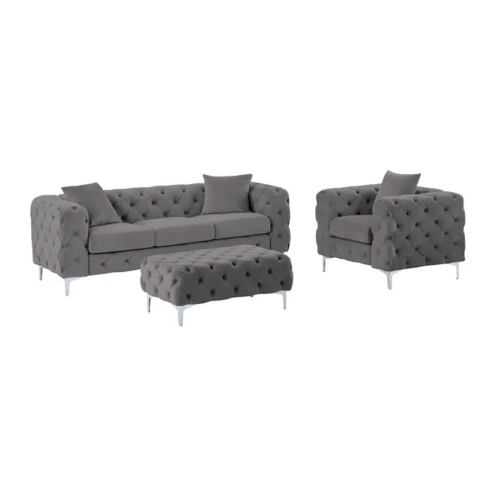 Canapé 3 places, fauteuil et pouf chesterfield en velours anthracite EDWINA