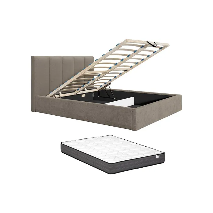 Lit coffre 180 x 200 cm avec tête de lit coutures verticales - Tissu - Taupe - Avec matelas Confort - KILACLO