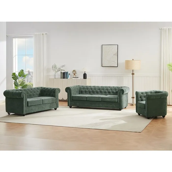 Canapés 3 places 2 places et un fauteuil en tissu vert CHESTERFIELD
