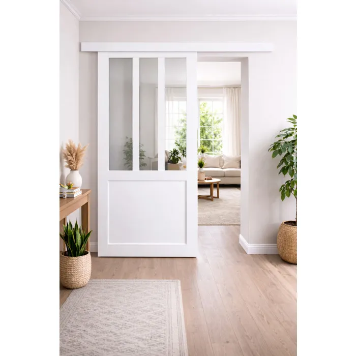 Porte Coulissante Atelier Blanc H204 X L83 Cm, Rail Alu Bandeau Blanc Gd Menuiseries