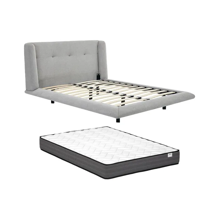 Lit 160 x 200 cm avec tête de lit capitonnée - Tissu - Gris clair + Matelas - PENAVI