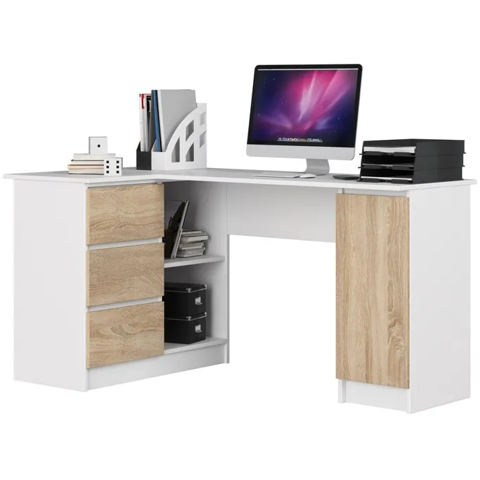 Grand Bureau D'angle Akord Gauche B20 Blanc 155 Cm 1 Porte 3 Tiroirs Façade Chêne Sonoma 4 Étagères 155x85x77 Cm