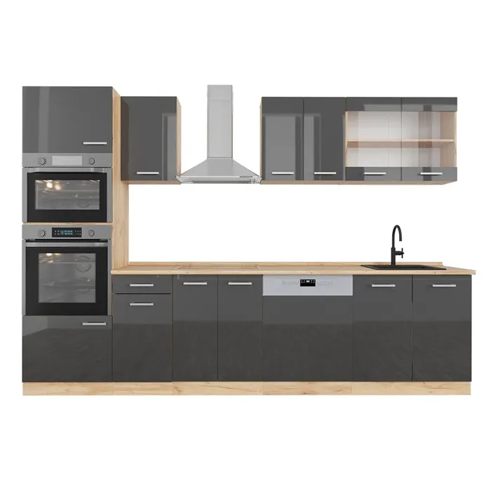 Vicco Cuisine Anthracite brillant/Chêne doré 300cm avec armoire haute, PT Chêne