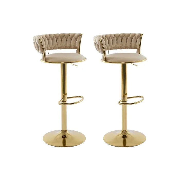 Lot de 2 tabourets de bar en velours et métal doré - Hauteur réglable - Beige - LOMYA