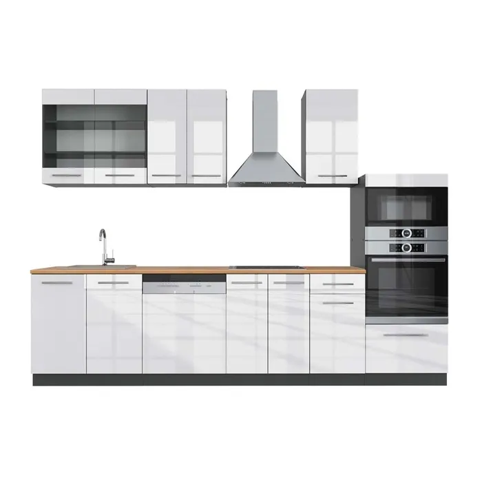 Vicco Cuisine Blanc brillant/Anthracite 300cm avec armoire haute, PT Chêne