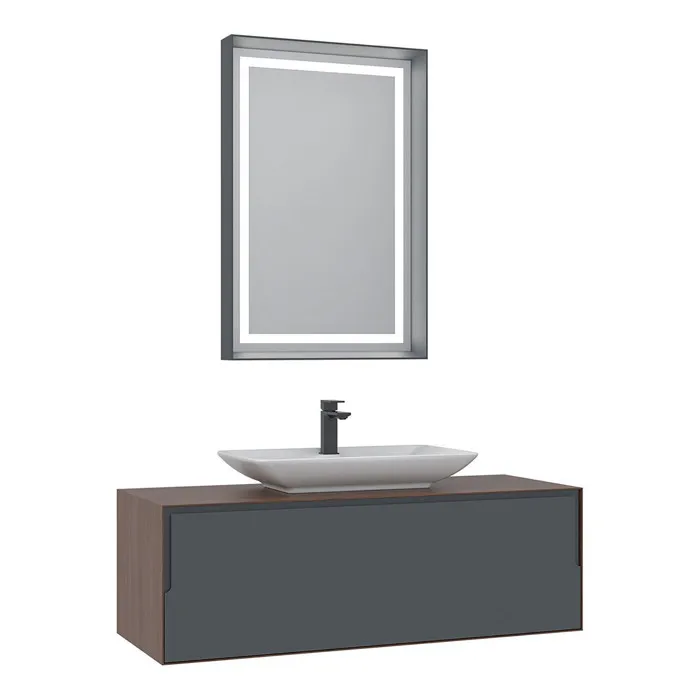 Meuble Avec Simple Vasque Et Miroir "craft 120" - 120 X 50 X 40 Cm - Walnut / Anthracite / White