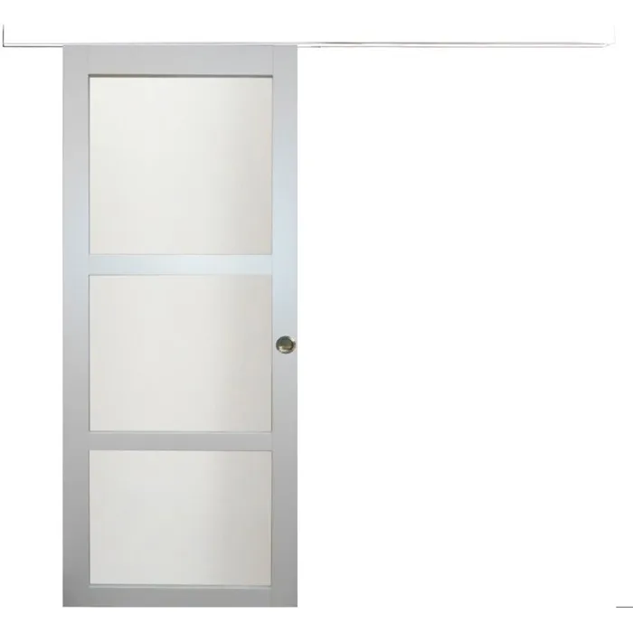 Porte Coulissante Greyria Gris Clair Vitrée H204 X L93 Cm, Rail Alu Bandeau Blanc, Coquilles Gd Menuiseries