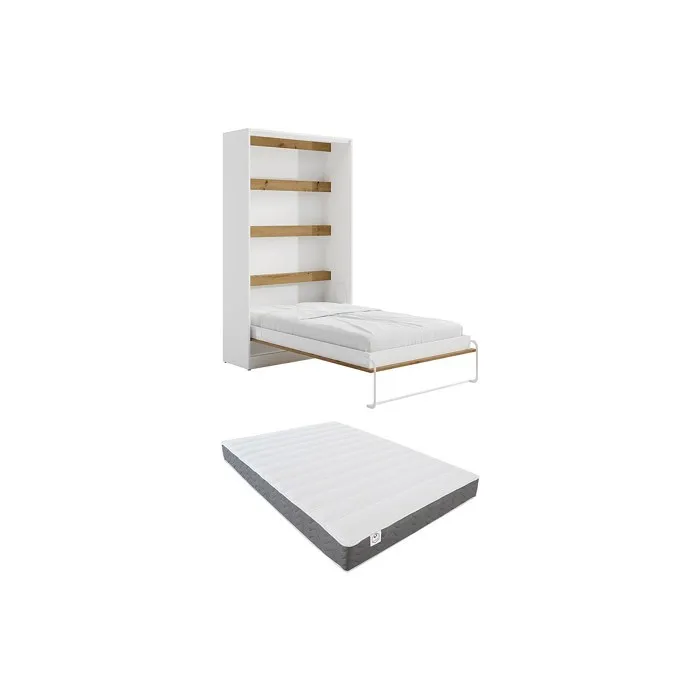 Lit escamotable 120 x 200 cm - Ouverture verticale manuelle - Avec LEDs - Blanc et naturel + Matelas - RAPILI