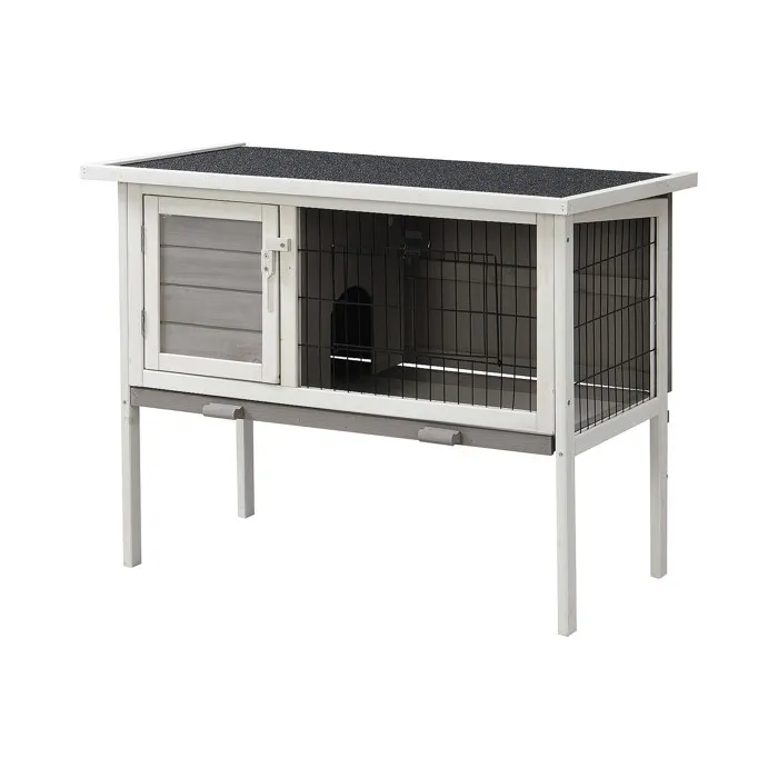 Clapier en bois sur pieds pour lapins et rongeurs - L. 91 x P. 45 x H. 70 cm - Blanc et gris - LAPIUS