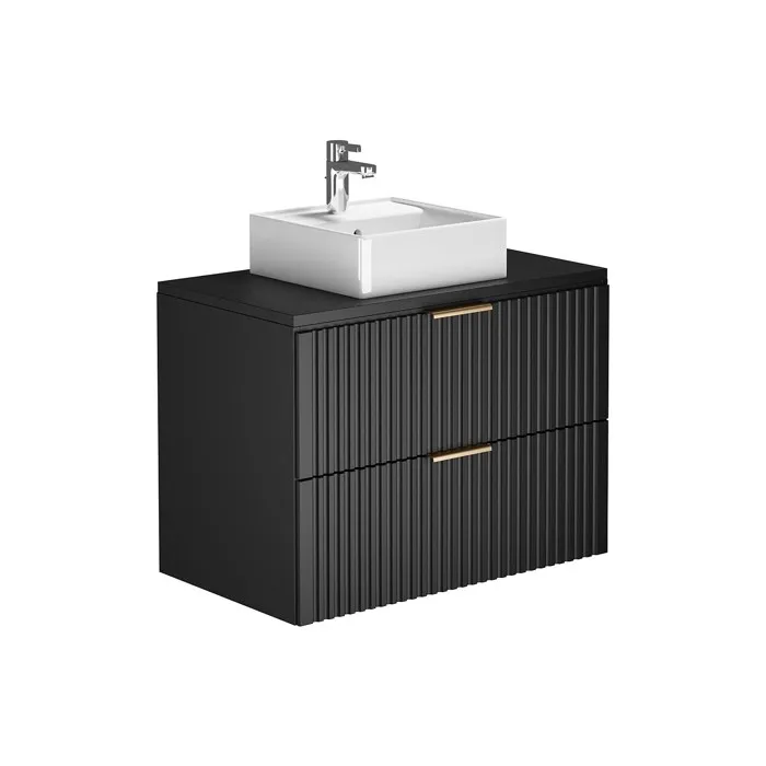 Meuble de salle de bain suspendu strié avec vasque à poser carrée - Noir - 80 cm - ZEVARA